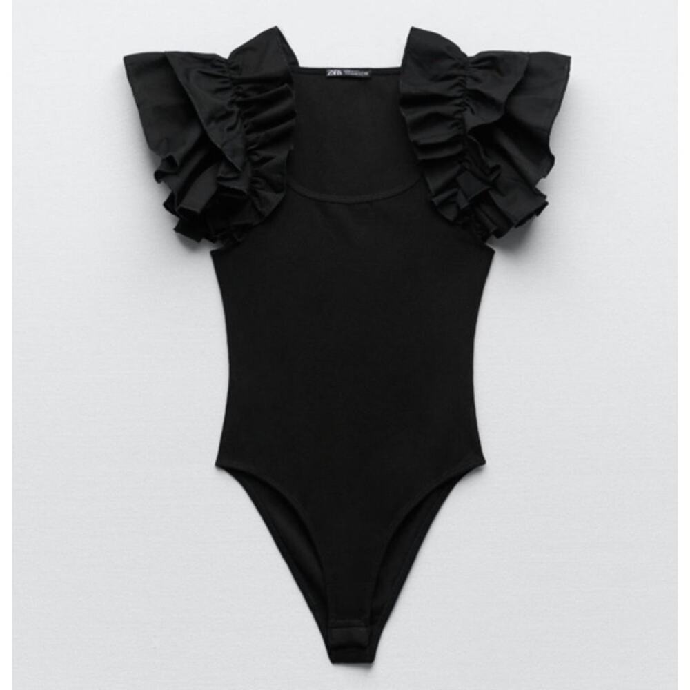 Zara 100% Cotton Black Ruffle Sleeve Bodysuit - Size S - NEW